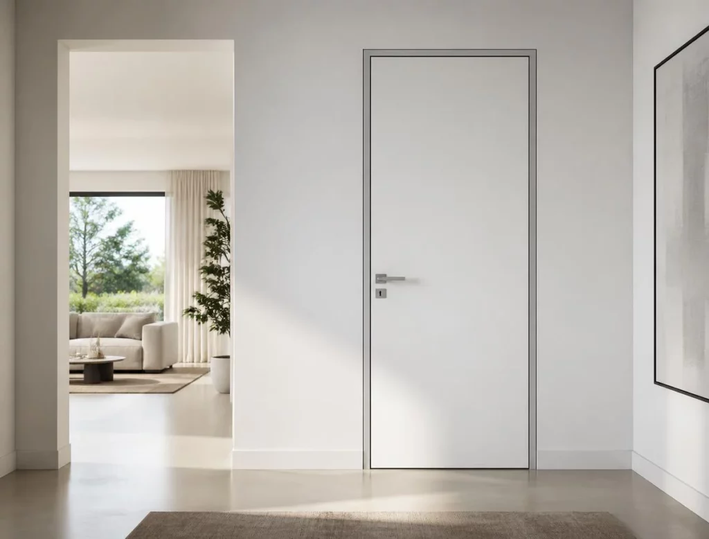 White modern flat-panel interior doors in a living room