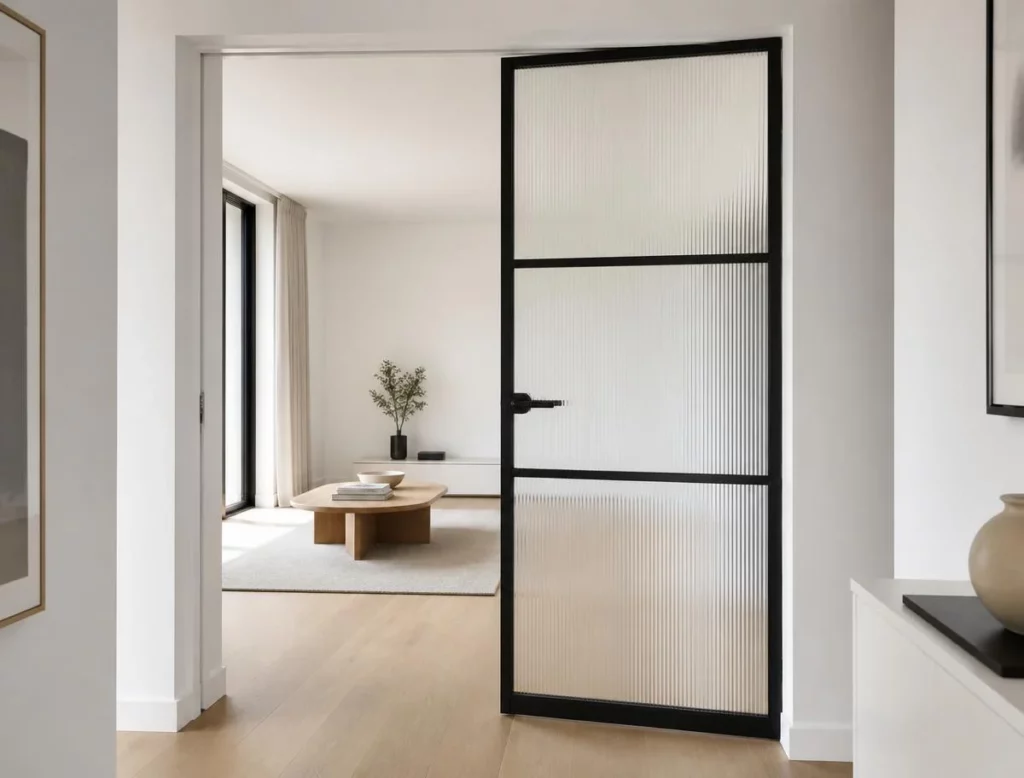 Black-framed glass interior door in a bright room