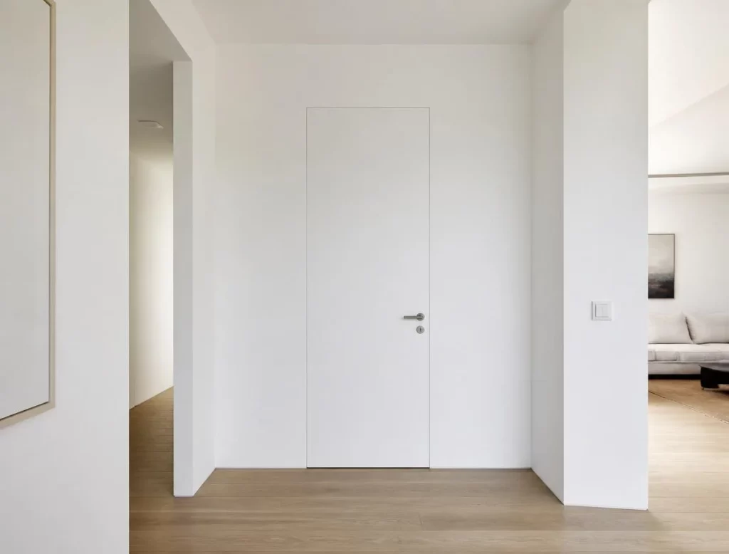Flush-to-wall hidden interior door in a white wall