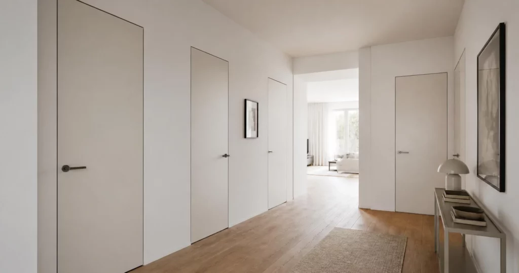 Hallway with new interior doors, casings and baseboards