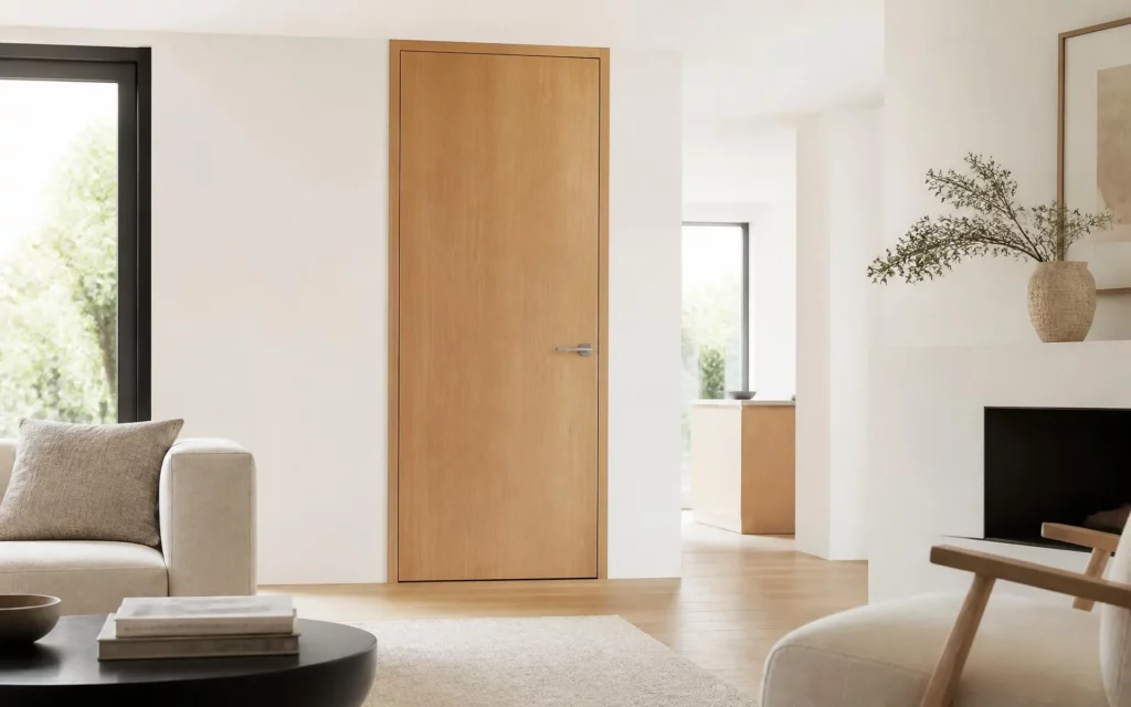 Tall oak-finish 96-inch interior door in a living room