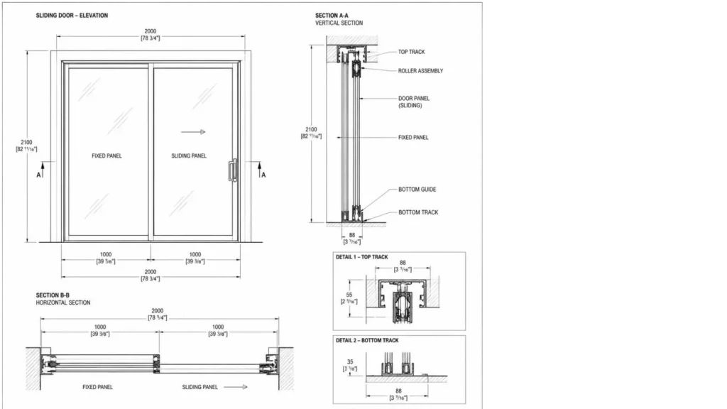 Measured drawing of a wide sliding door opening